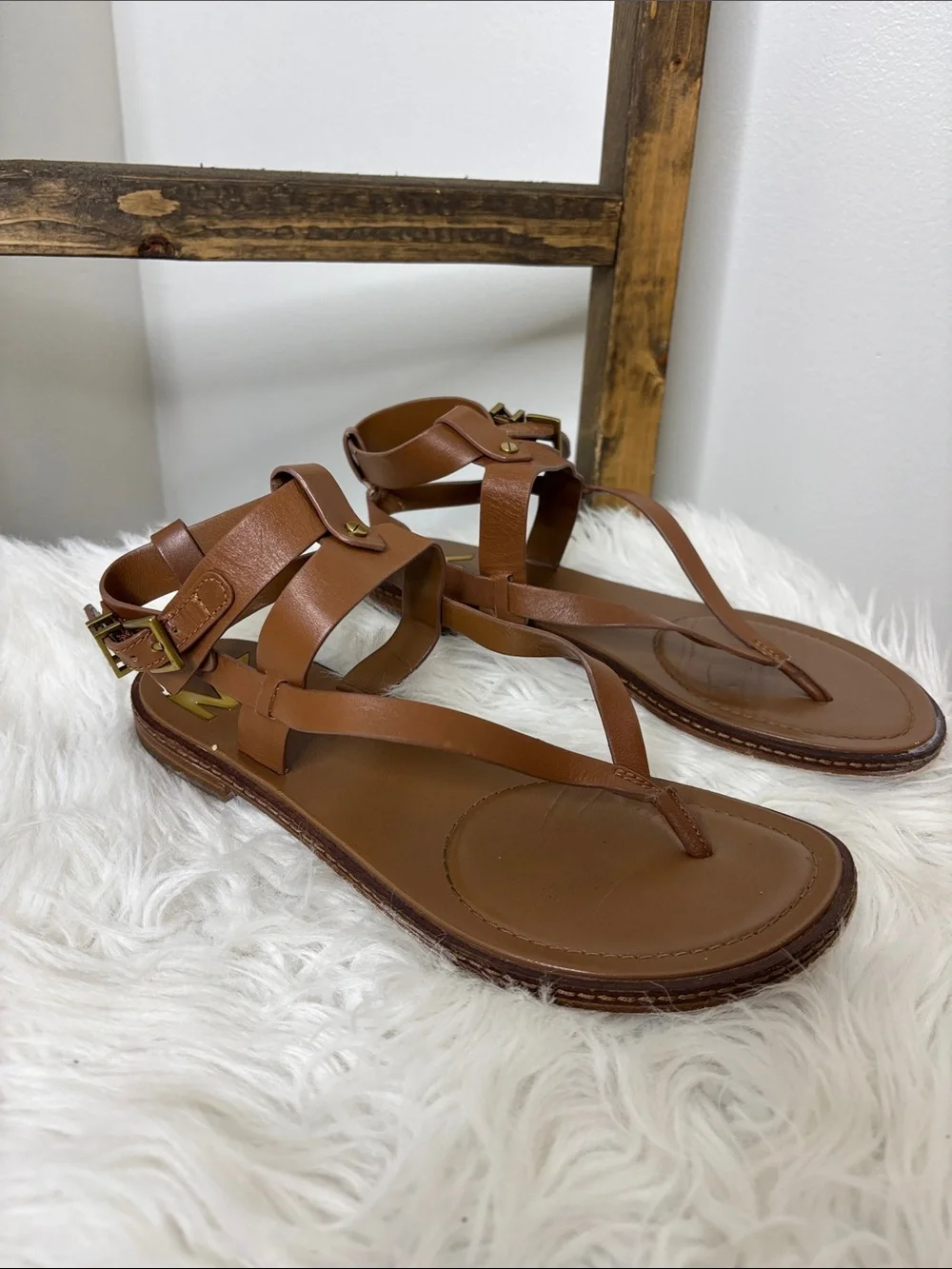 Michael Kors Tan Brown Leather Ankle-Strap Thong Sandals Size 7